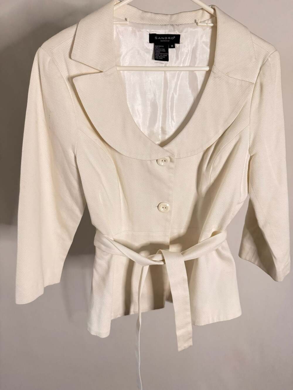 Sandro Sportswear White Belted Textured Blazer Jacket Size M